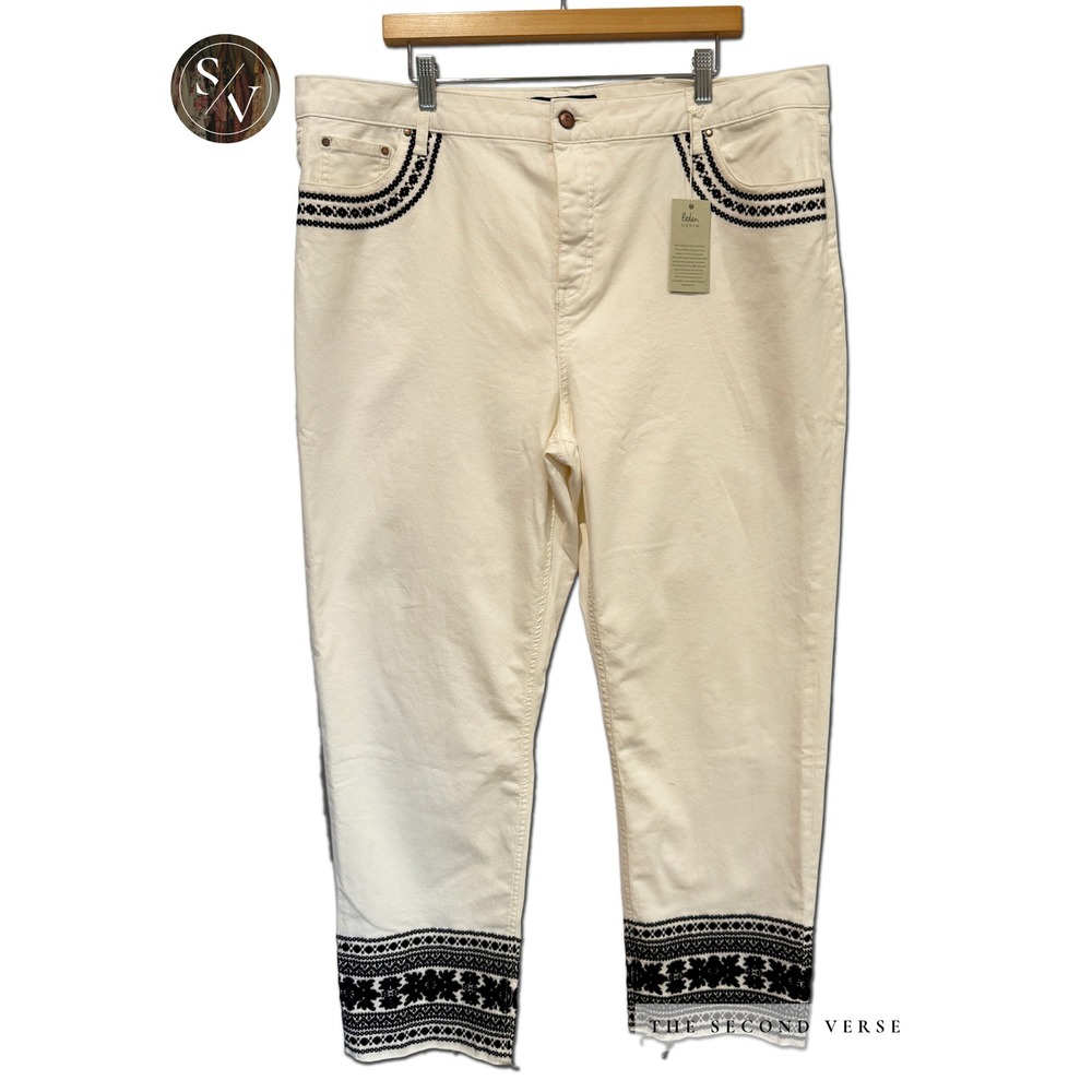 Boden Denim Straight Leg Pants Women Boho Embroidered Raw Hem Cream Size 22 Long - Picture 2 of 13